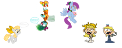 Size: 3660x1432 | Tagged: safe, apple bloom, derpy hooves, g4, abby's flying fairy school, apple bloom's bow, banana peel, body swap, bow, confused, crossover, cupcake, derp, flying, food, glasses, gonnigan, hair bow, implied mina (jelly jamm), inverted mouth, lana loud, lola loud, milkshake! mix, one eye closed, palette swap, personality swap, ponytail, recolor, sesame street, story included, the loud house, toilet paper, toilet paper roll, upside down, what has science done, wink