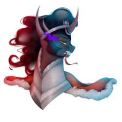 Size: 5500x5500 | Tagged: safe, artist:melodyboundless, king sombra, pony, g4, absurd resolution, armor, bust, curved horn, dark magic, darkness, fangs, horn, lidded eyes, long tongue, magic, male, portrait, signature, simple background, solo, sombra eyes, squint, stallion, teeth, tongue out, transparent background