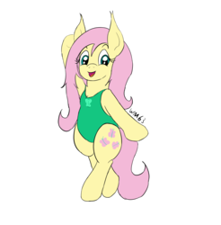 Size: 2712x2759 | Tagged: safe, artist:wapamario63, fluttershy, pegasus, pony, g4, bipedal, clothes, cute, female, green swimsuit, happy, high res, mare, one-piece swimsuit, open mouth, solo, swimsuit