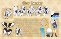 Size: 5778x3700 | Tagged: safe, artist:paradiseskeletons, oc, oc only, oc:star dancer, alicorn, pony, unicorn, ponyfinder, equestria girls, g4, alicornified, dungeons and dragons, equestria girls oc, pen and paper rpg, piebald, piebald coat, race swap, reference sheet, rpg, solo, unicorn oc, wings