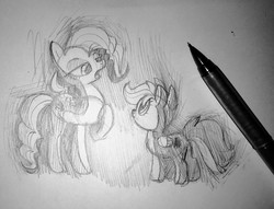 Size: 1343x1024 | Tagged: safe, artist:punbun4fun, pinkie pie, scootaloo, earth pony, pegasus, pony, g4, duo, female, hoof on chest, mare, monochrome, talking, traditional art