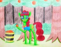 Size: 1135x876 | Tagged: safe, artist:dialysis2day, oc, oc only, oc:helen, earth pony, pony, basket, female, food, mare, orange, solo, traditional art, tree