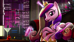 Size: 3840x2160 | Tagged: safe, artist:whiteskyline, princess cadance, alicorn, pony, g4, 3d, butt, city, couch, crown, dock, female, flower, food, glass, high res, hoof shoes, jewelry, lamp, looking at you, lovebutt, lying, lying down, on side, pipe (plumbing), plot, pocky, presenting, regalia, rose, smoking, solo, source filmmaker, tail, tiara, wallpaper, window, wine glass