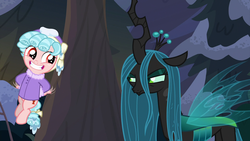 Size: 1920x1080 | Tagged: safe, screencap, cozy glow, queen chrysalis, changeling, changeling queen, pegasus, pony, frenemies (episode), g4, cozy glow is best facemaker, cozybetes, cute, duo, female, filly, flying, foal, grin, narrowed eyes, smiling, winter outfit