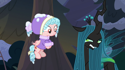Size: 1920x1080 | Tagged: safe, screencap, cozy glow, queen chrysalis, changeling, changeling queen, pegasus, pony, frenemies (episode), g4, duo, female, filly, foal, hat, snow, winter outfit