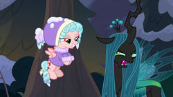 Size: 1920x1080 | Tagged: safe, screencap, cozy glow, queen chrysalis, changeling, changeling queen, pegasus, pony, frenemies (episode), g4, duo, female, filly, foal, hat, narrowed eyes, smiling, smirk, snow, winter outfit