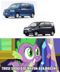 Size: 1500x1800 | Tagged: safe, edit, edited screencap, screencap, spike, dragon, father knows beast, g4, baby, baby dragon, caption, car, crystal, cute, excited, eyebrows, folded wings, green eyes, grin, gullible, happy, honda, honda mobilio spike, hopeful, image macro, impact font, male, meme, namesake, pun, puppy dog eyes, smiling, solo, spikabetes, teeth, text, that's my x, twilight's castle, window, winged spike, wings