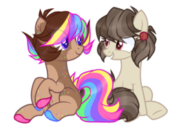 Size: 1024x743 | Tagged: dead source, safe, artist:_spacemonkeyz_, oc, oc only, oc:chocolate sprinkles, oc:hearthfire, earth pony, pony, base used, female, mare, simple background, transparent background