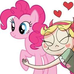 Size: 665x664 | Tagged: safe, pinkie pie, human, pony, g4, clothes, crossover, dress, female, floating heart, heart, hug, mare, mewman, simple background, star butterfly, star vs the forces of evil, white background