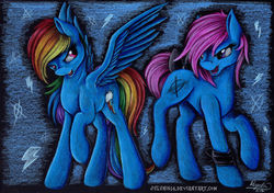 Size: 1024x722 | Tagged: safe, artist:julunis14, rainbow dash, oc, earth pony, pegasus, pony, g4, bow, duo, female, mare, raised hoof, spread wings, tail bow, traditional art, wings