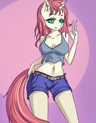 Size: 1100x1414 | Tagged: safe, artist:derpifecalus, unicorn, anthro, breasts, clothes, female, horn, midriff, peace sign, shorts, solo, tail, tank top