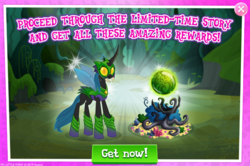 Size: 1038x688 | Tagged: safe, artist:andy price, gameloft, idw, queen chrysalis, changeling, changeling queen, fiendship is magic #5, g4, my little pony: fiendship is magic, the cutie re-mark, spoiler:comic, advertisement, armor, changeling armor, comic, female, holeless, idw showified, limited-time story, looking at you, my little pony game, my little pony logo, orb, solo, troy