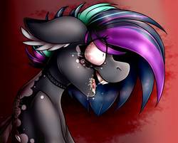 Size: 1520x1220 | Tagged: safe, artist:kateponylover, oc, oc:karren darkkitty, pony, bust, crazy face, drool, faic, fangs, insanity, portrait, side view, teeth, tongue out