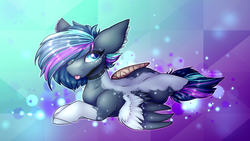 Size: 1920x1080 | Tagged: safe, artist:kateponylover, oc, oc only, oc:karren darkkitty, pegasus, pony, bandage, can't fly, flightless, prone, tongue out