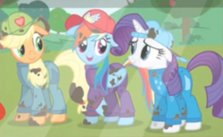 Size: 479x293 | Tagged: safe, screencap, applejack, rainbow dash, rarity, earth pony, pegasus, pony, unicorn, g4, the last crusade, backwards cap, cap, clothes, cropped, female, hat, mare, picture, smiling, stain, vest