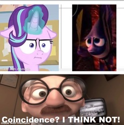 Size: 800x808 | Tagged: safe, starlight glimmer, fish, human, pony, unicorn, g4, marks for effort, apophenia, bernie kropp, coincidence i think not, comparison, deb (finding nemo), facial hair, female, finding nemo, glasses, i mean i see, mare, meme, moustache, the incredibles, wat