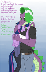 Size: 1100x1716 | Tagged: safe, artist:dirt-slayer, spike, twilight sparkle, alicorn, dragon, anthro, g4, alternate hairstyle, clothes, comforting, crying, pants, shirt, twilight sparkle (alicorn)