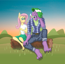 Size: 1693x1653 | Tagged: safe, artist:dirt-slayer, fluttershy, spike, anthro, digitigrade anthro, unguligrade anthro, g4, alternate hairstyle, clothes, female, male, pants, ship:flutterspike, shipping, shirt, straight