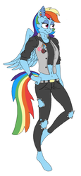 Size: 407x887 | Tagged: safe, artist:dirt-slayer, rainbow dash, anthro, unguligrade anthro, g4, alternate hairstyle, belly button, button, clothes, ear piercing, midriff, pants, piercing, ripped jeans, shirt, wristband