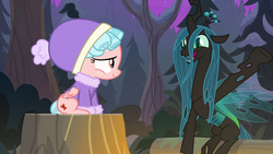 Size: 1920x1080 | Tagged: safe, screencap, cozy glow, queen chrysalis, changeling, changeling queen, pegasus, pony, frenemies (episode), g4, clothes, female, filly