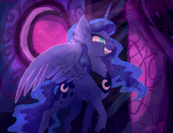 Size: 1545x1190 | Tagged: safe, artist:namiwami, princess luna, pony, the moon rises, g4, evil grin, fangs, female, grin, nightmare luna, sharp teeth, slit pupils, smiling, solo, spread wings, teeth, wings