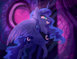 Size: 1545x1190 | Tagged: safe, artist:namiwami, princess luna, pony, the moon rises, g4, evil smile, fangs, female, grin, nightmare luna, sharp teeth, slit pupils, smiling, solo, spread wings, teeth, wings