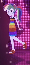 Size: 275x589 | Tagged: safe, screencap, rainbow dash, equestria girls, g4, i'm on a yacht, my little pony equestria girls: better together, clothes, cute, dashabetes, dress, female, geode of super speed, headband, magical geodes, neon eg logo, ponytail, sandals, sleeveless, smiling, solo