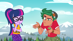 Size: 1280x720 | Tagged: safe, screencap, sci-twi, timber spruce, twilight sparkle, equestria girls, g4, legend of everfree - bloopers, my little pony equestria girls: legend of everfree, camp everfree logo, camp everfree outfits, clothes, female, glasses, lifejacket, male, shipping, shorts, sky, straight, timbertwi