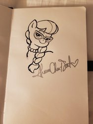 Size: 900x1200 | Tagged: safe, artist:shaxbert, silver spoon, earth pony, pony, g4, autograph, female, glasses, monochrome, shannon chan-kent, sketch, smug, solo, traditional art