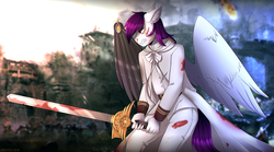 Size: 4500x2500 | Tagged: safe, artist:serodart, oc, oc only, pegasus, anthro, amputee, artificial wings, augmented, clothes, mechanical wing, prosthetic limb, prosthetic wing, prosthetics, solo, sword, weapon, wings