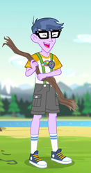 Size: 288x550 | Tagged: safe, screencap, micro chips, equestria girls, g4, legend of everfree - bloopers, camp everfree logo, camp everfree outfits, clothes, converse, cropped, glasses, laughing, legs, male, shoes, shorts, socks, solo