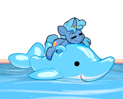 Size: 3000x2400 | Tagged: safe, artist:latexia, oc, oc only, oc:ocean shores, dolphin, pony, unicorn, eyes closed, floaty, high res, horn, horn ring, hug, inflatable, inflatable dolphin, inflatable toy, pool toy, smiling, solo, swimming pool, water