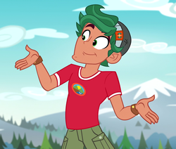 Size: 848x720 | Tagged: safe, screencap, timber spruce, equestria girls, g4, legend of everfree, legend of everfree - bloopers, camp everfree logo, camp everfree outfits, clothes, cropped, cute, male, smiling, timberbetes
