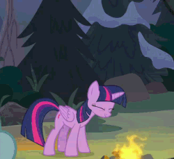 Size: 658x604 | Tagged: safe, screencap, cozy glow, lord tirek, queen chrysalis, twilight sparkle, alicorn, pony, frenemies (episode), g4, acting, animated, campfire, cropped, disguise, disguised changeling, fake twilight, floppy ears, gif, solo focus, the pathetic princess thing, twilight sparkle (alicorn), twilighting, wavy mouth