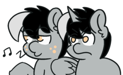 Size: 900x555 | Tagged: safe, artist:threetwotwo32232, oc, oc only, pegasus, pony, unicorn, male, siblings, stallion, twins, whistling