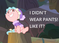 Size: 984x720 | Tagged: safe, edit, edited screencap, screencap, cozy glow, pegasus, pony, frenemies (episode), g4, bow, caption, clothes, coat, female, filly, hair bow, hat, image macro, sitting, tail bow, text, we don't normally wear clothes