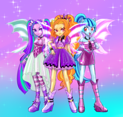Size: 4300x4100 | Tagged: safe, artist:ゆばん, adagio dazzle, aria blaze, sonata dusk, equestria girls, g4, my little pony equestria girls: rainbow rocks, bare shoulders, boots, clothes, female, gradient background, high heel boots, looking at you, miniskirt, pigtails, pixiv, ponytail, shoes, skirt, sleeveless, the dazzlings, trio, twintails