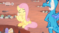 Size: 852x479 | Tagged: safe, screencap, fluttershy, princess ember, dragon, pegasus, pony, g4, sweet and smoky, all new, cute, discovery family logo, dragon egg, dragon lands, eyes closed, female, happy, mare, my little pony logo, shyabetes, text