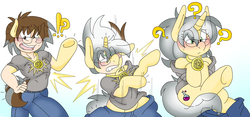 Size: 3807x1782 | Tagged: safe, artist:blackbewhite2k7, oc, oc:mercury shine, pony, blushing, commission, exclamation point, glasses, human to pony, interrobang, male to female, open mouth, question mark, rule 63, sequence, sweat, transformation, transformation sequence, transgender transformation, underhoof