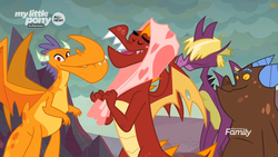Size: 852x479 | Tagged: safe, screencap, billy, clump, garble, spear (g4), dragon, g4, sweet and smoky, all new, discovery family logo, dragon lands, eyes closed, group, male, quartet, teenaged dragon, text