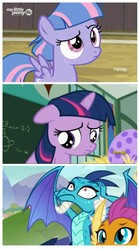 Size: 935x1682 | Tagged: safe, edit, screencap, princess ember, smolder, twilight sparkle, wind sprint, dragon, pegasus, pony, unicorn, common ground, g4, school daze, the cutie mark chronicles, chalkboard, claws, confused, discovery family logo, egg, female, filly, filly twilight sparkle, floppy ears, foal, hands on head, horn, meme, slit pupils, speciesism, spread wings, unicorn twilight, wings, younger
