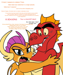 Size: 1200x1440 | Tagged: safe, artist:klondike, garble, smolder, dragon, g4, sweet and smoky, angry, breaking the fourth wall, brother and sister, chris crocker tier screaming, dialogue, dragoness, drama, duo, female, garble apologists, looking at you, male, siblings, truth
