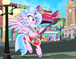 Size: 900x697 | Tagged: safe, artist:pixelkitties, coco pommel, silverstream, spike, dragon, hippogriff, pony, g4, 1950s, back to the future, delorean, guitar