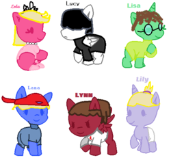 Size: 551x515 | Tagged: safe, earth pony, pegasus, pony, unicorn, g4, baby, baby pony, base used, black text, blue text, chibi, clothes, diaper, dress, female, filly, foal, glasses, gothic, green text, hat, horn, jewelry, lana loud, lily loud, lisa loud, lola loud, lucy loud, lynn loud, mare, pink dress, pink text, ponified, ponytail, princess, purple text, raised hoof, red text, rule 85, shirt, shoes, simple background, smiling, spread wings, text, the loud house, tiara, white background, wings