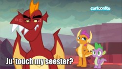 Size: 960x540 | Tagged: safe, edit, edited screencap, screencap, garble, smolder, spike, dragon, g4, sweet and smoky, caption, cartoonito logo, dragoness, female, image macro, implied spolder, italian, male, siblings, silly, text, trio, very silly, very very silly, winged spike, wings