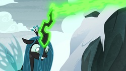 Size: 1920x1080 | Tagged: safe, screencap, queen chrysalis, changeling, changeling queen, frenemies (episode), g4, female, glowing horn, horn, magic, magic drain, solo