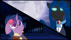 Size: 1920x1080 | Tagged: safe, artist:stuflox, nightmare moon, twilight sparkle, alicorn, pony, vampire, g4, broadway, clothes, crossover, dance of the vampires, full moon, glasses, moon, musical, professor