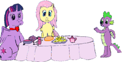 Size: 500x255 | Tagged: safe, artist:britt allcroft, artist:ewxep, fluttershy, spike, twilight sparkle, alicorn, dragon, pegasus, pony, g4, 1000 hours in ms paint, crossover, reference in the description, simple background, twilight sparkle (alicorn), white background