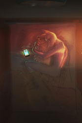 Size: 2000x3000 | Tagged: safe, artist:klooda, anthro, alarm clock, bed, clock, commission, high res, hug, lying, male, morning, phone, pillow, sad, sadness, solo, stallion, sunrise, window, your character here