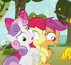 Size: 405x375 | Tagged: safe, screencap, apple bloom, gabby, scootaloo, sweetie belle, g4, season 6, the fault in our cutie marks, animated, circling stars, cropped, cutie mark crusaders, derp, dizzy, female, offscreen character, spinning eyes